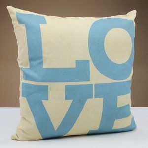 ACCENT PILLOW, 18" x 18", ICONIC “LOVE DESIGN,” Light Blue, Cream